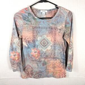 Dressbarn Medium Multicolor Floral Scroll Print Top 3/4 Sleeve Boho Made in USA